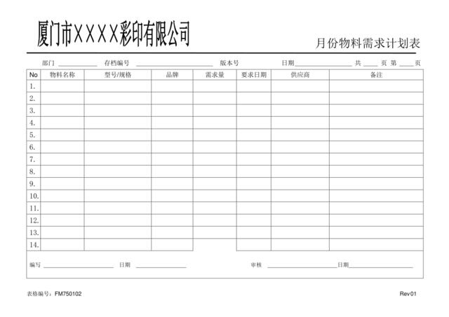 FM750102月份物料需求计划表