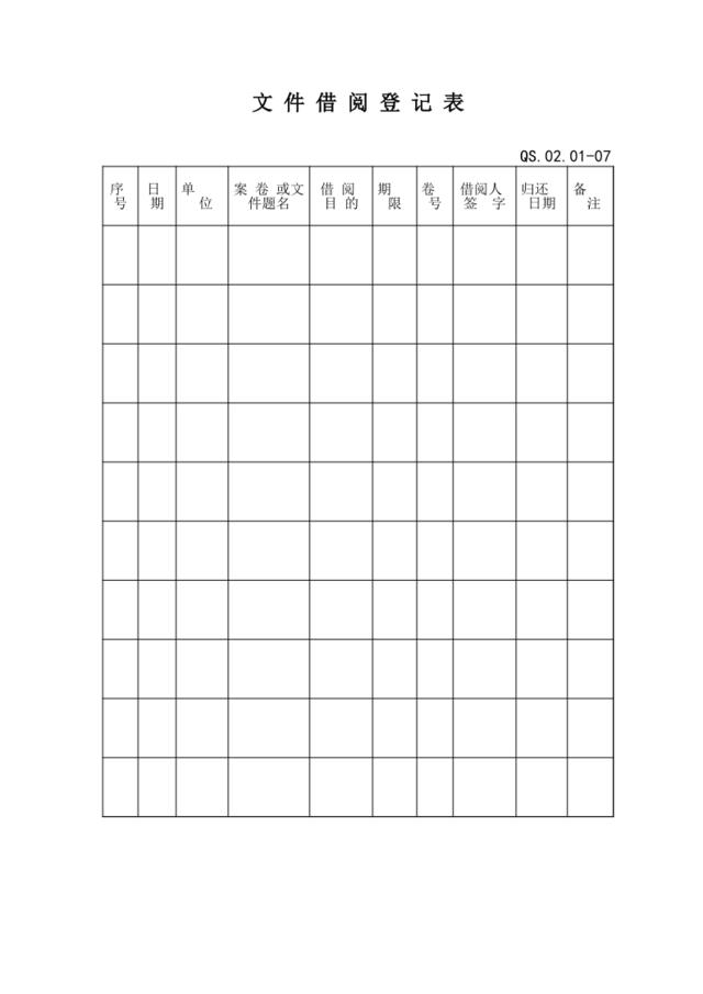 01-4记录控制程序附表（文件借阅登记表(内含五张表)）