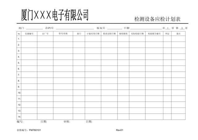 FM760101检测设备应检计划表