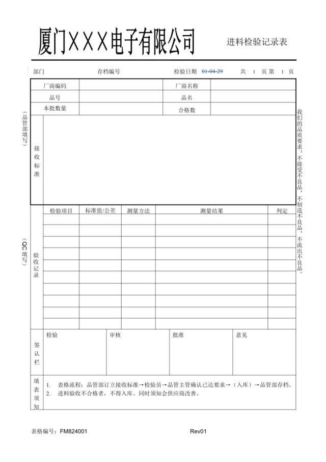 FM824001进料检验记录表