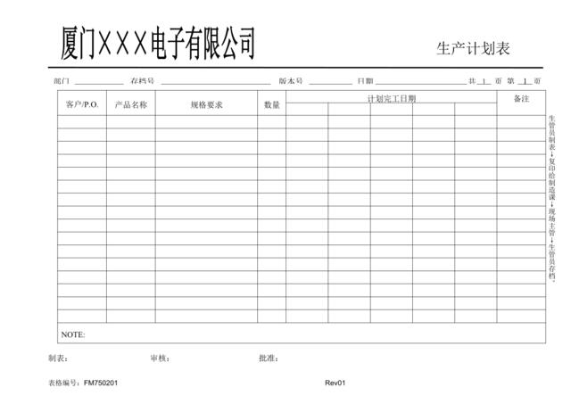 FM750101月份生产计划表