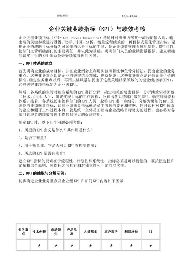 企业关键业绩指标（KPI）与绩效考核