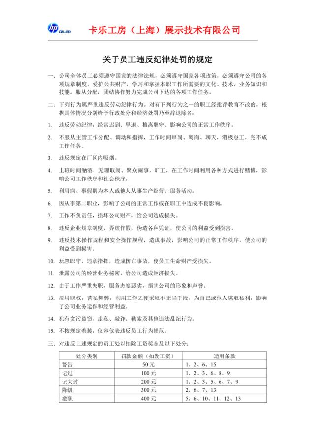 员工违反纪律处罚的规定-201511