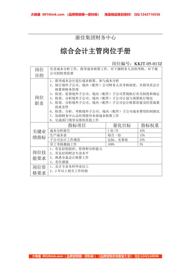 康佳集团财务中心综合会计主管岗位手册表1