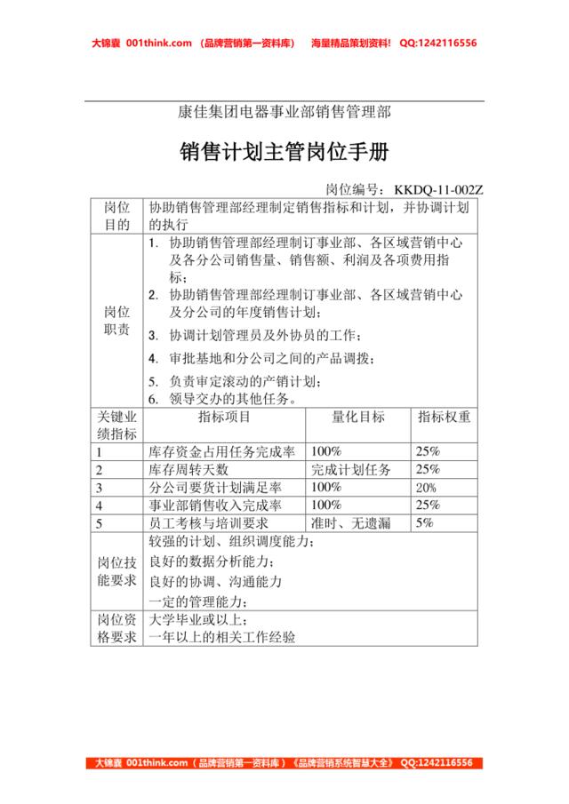 销售计划主管岗位手册