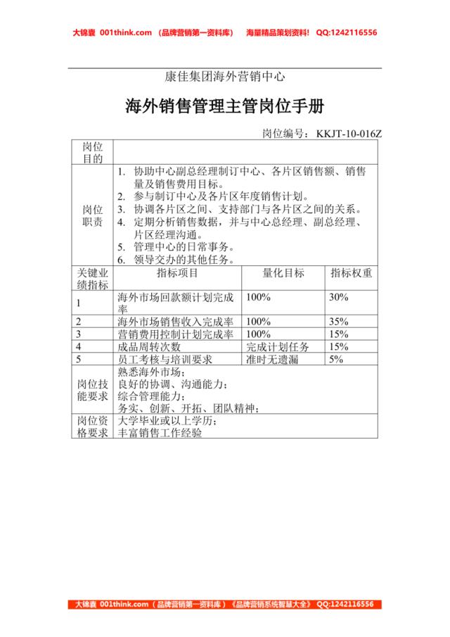 海外销售管理主管岗位手册