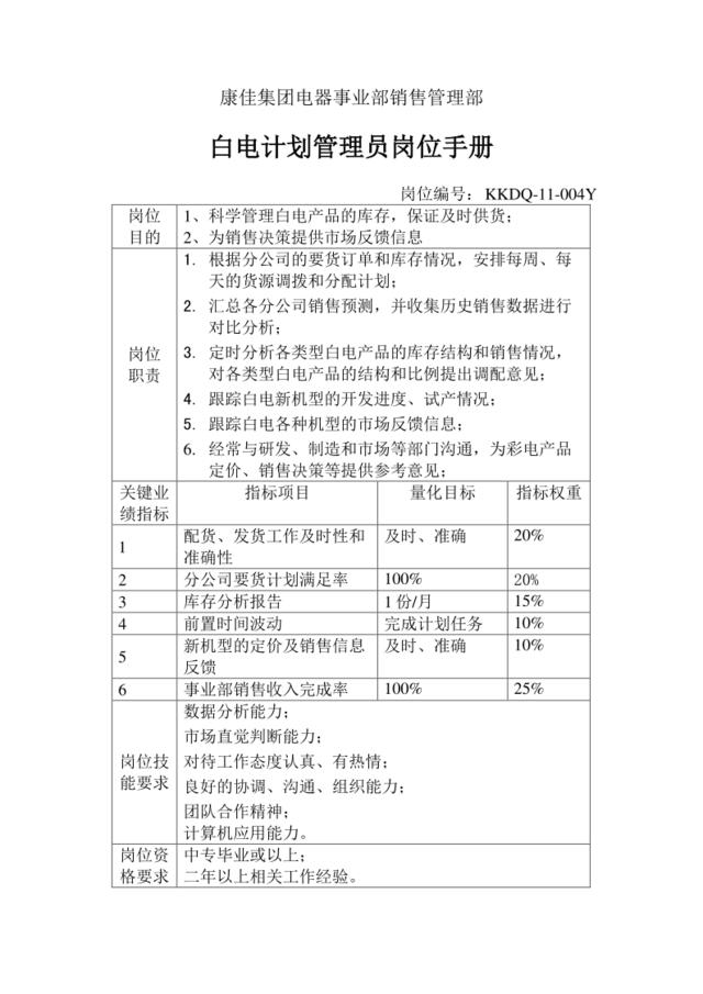 白电计划管理员岗位手册