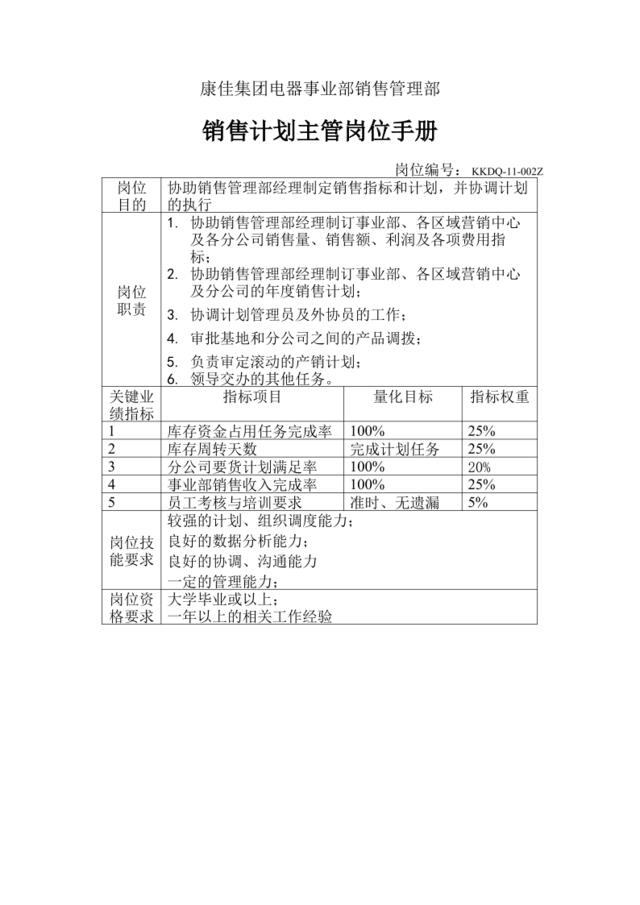 销售计划主管岗位手册