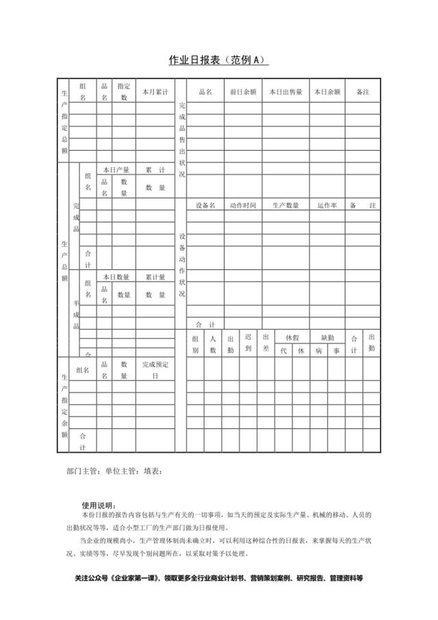 作业日报表（范例A）