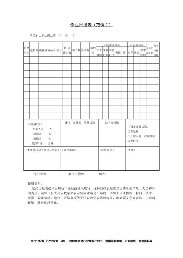 作业日报表（范例D）