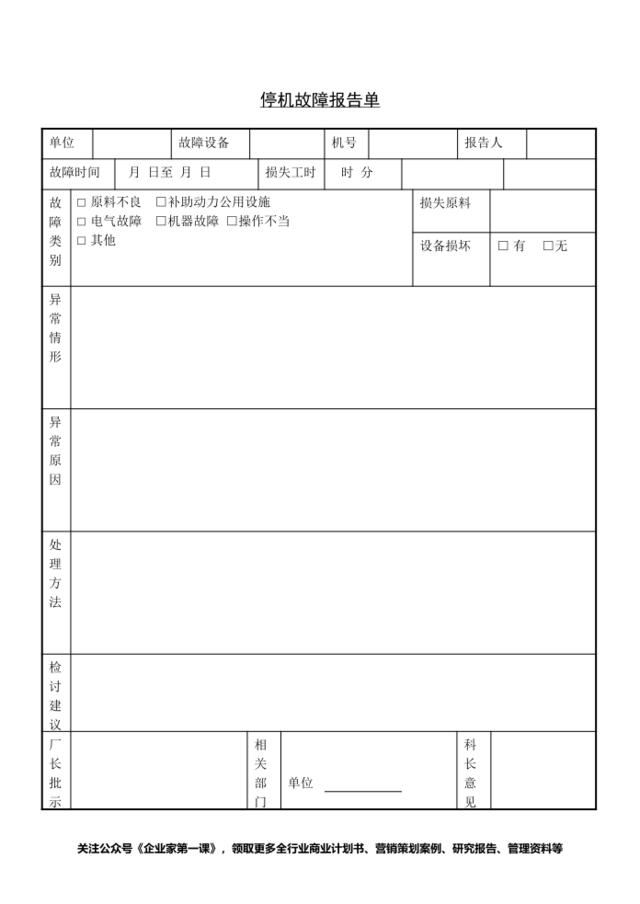 停机故障报告单