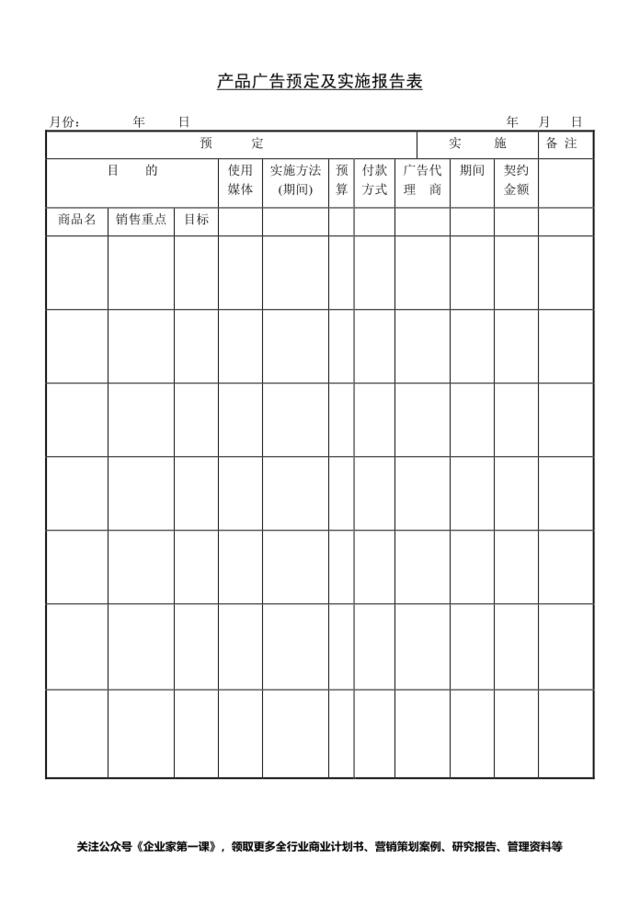 产品广告预定及实施报告表