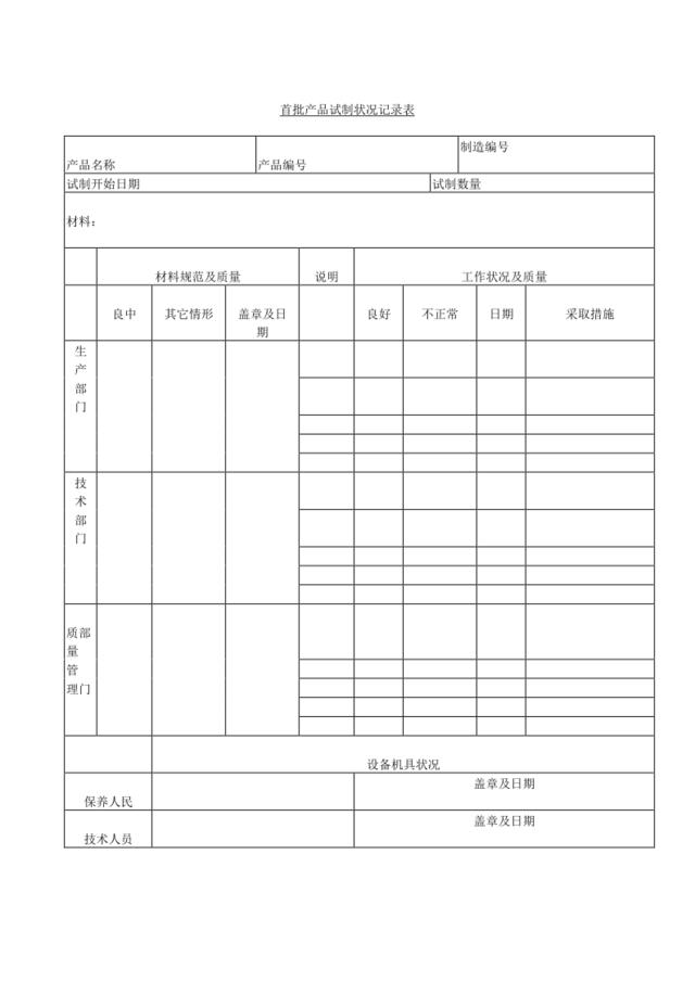 首批产品试制状况记录表