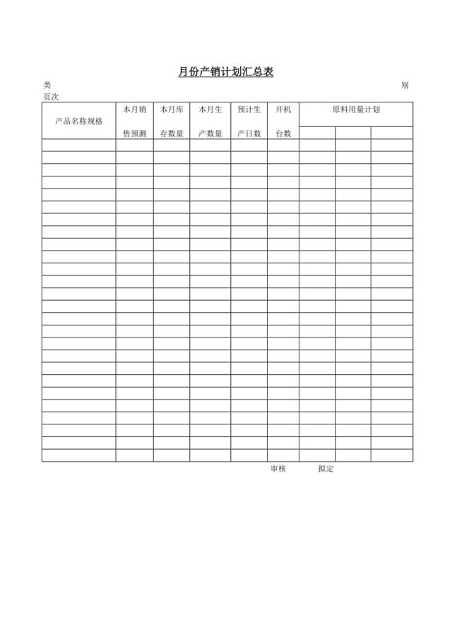 月份产销计划汇总表