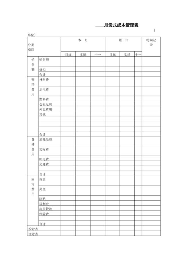 月份式成本管理表