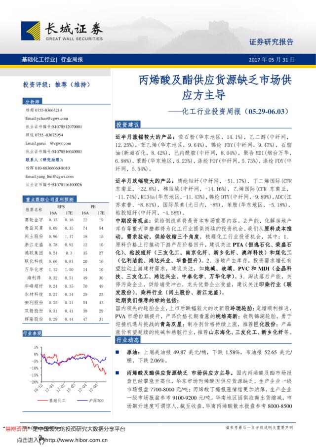 20170531-长城证券-化工行业投资周报：丙烯酸及酯供应货源缺乏市场供应方主导