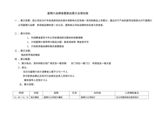 星期六品牌春夏新品展示会策划案