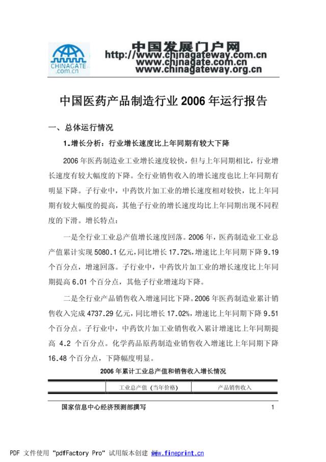 中国医药产品制造行业2006年运行报告