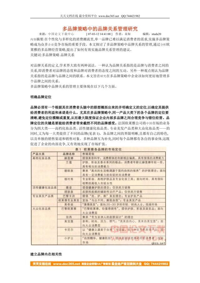 多品牌策略中的品牌关系管理研究