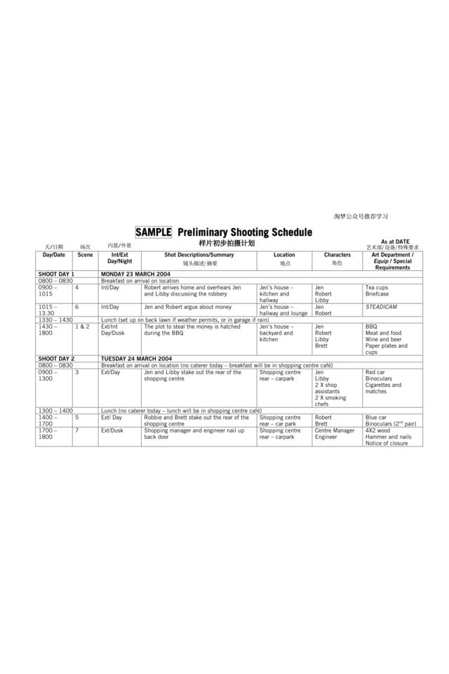 样片初步拍摄计划