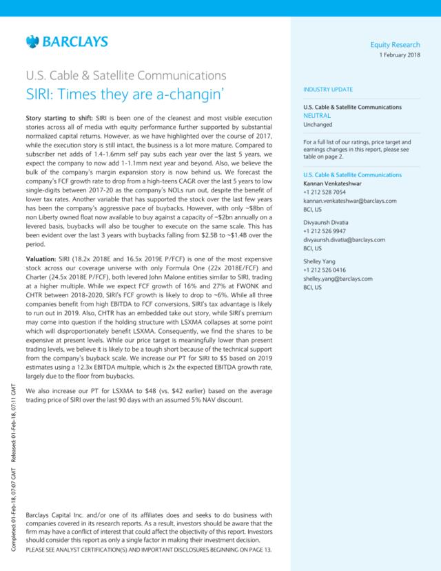 巴克莱-美股-有线与卫星通信行业-SIRI：变革的时代-2018.2.1-20页