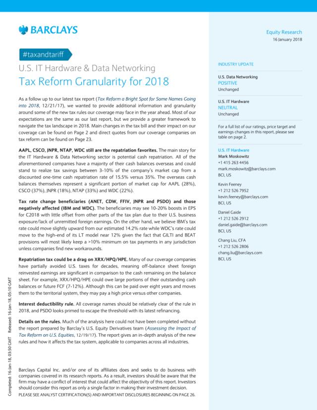 巴克莱-美股-科技行业-美国IT硬件与数据网络：2018税改粒度-2018.1.16-32页