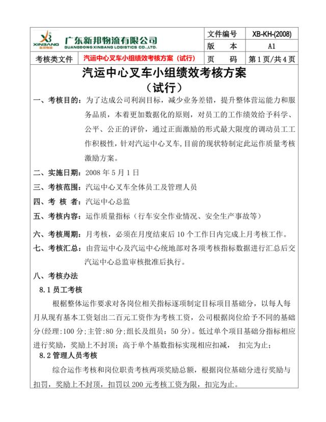广东新邦物流有限公司-汽运中心叉车小组2008年绩效考核方案》(doc)